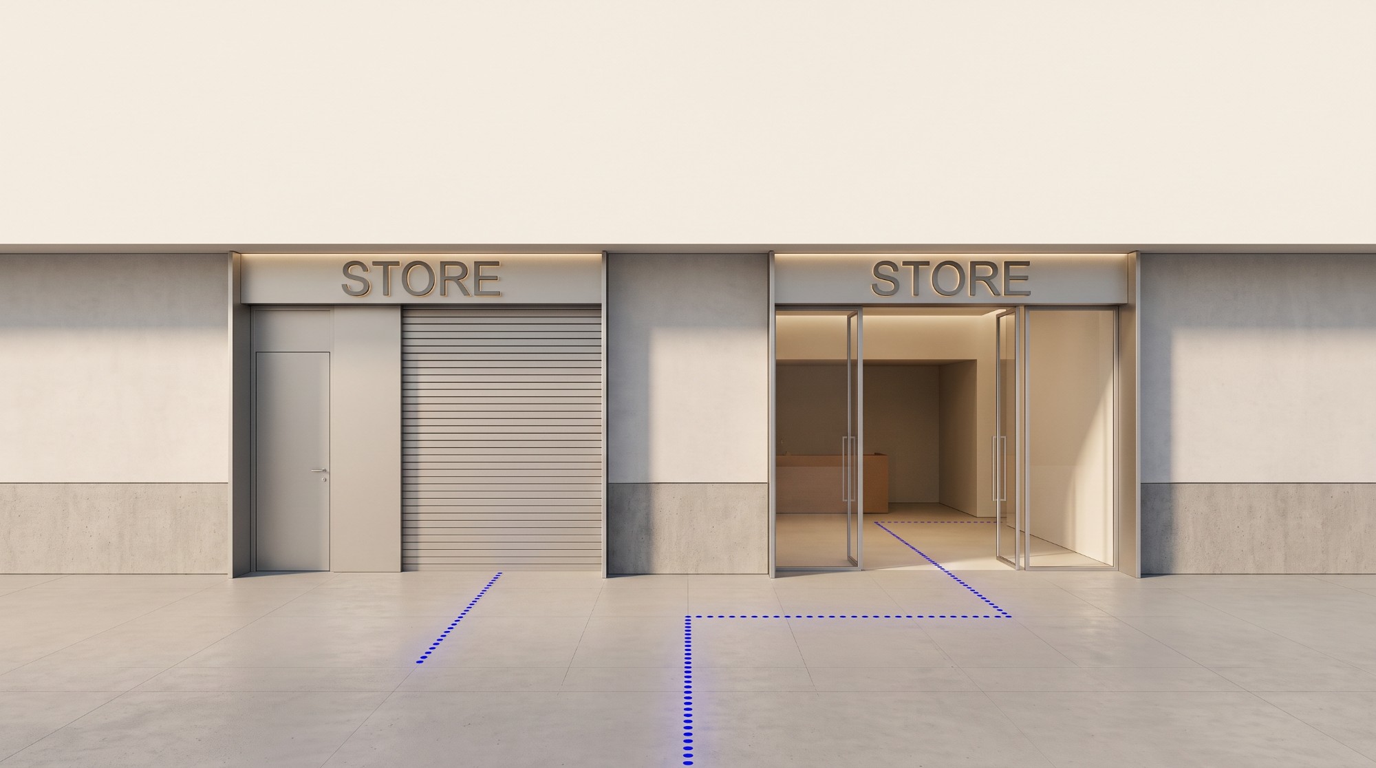 Dos locales comerciales idénticos: el de la izquierda con la cortina metálica cerrada, el de la derecha con las puertas abiertas y un camino de puntos azules que entra desde la banqueta hasta el mostrador