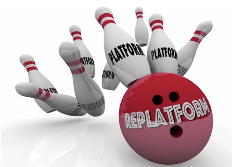 Bowling ball labeled Replatform knocking down pins labeled Platform — eCommerce platform migration