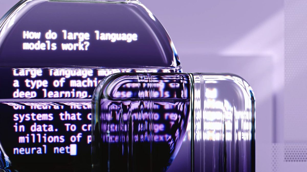 Render abstracto de un modelo de lenguaje grande sobre superficie de vidrio púrpura, inteligencia artificial en el comercio digital de LATAM