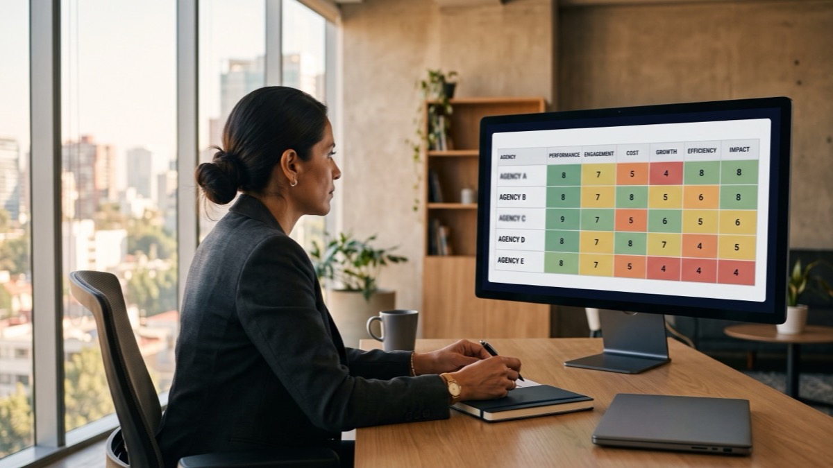 Director reviewing a comparative matrix of eCommerce agencies on screen with green, amber and red indicators by criterion